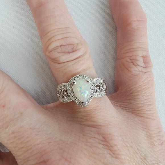 Silver Tone Faux Opal Stone Ring Size 8 - Picture 1 of 6